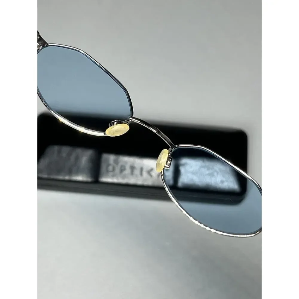 VTG Optica Geometric Wire Frame Sunglasses Silver Tone Metal Blue Lens + Case